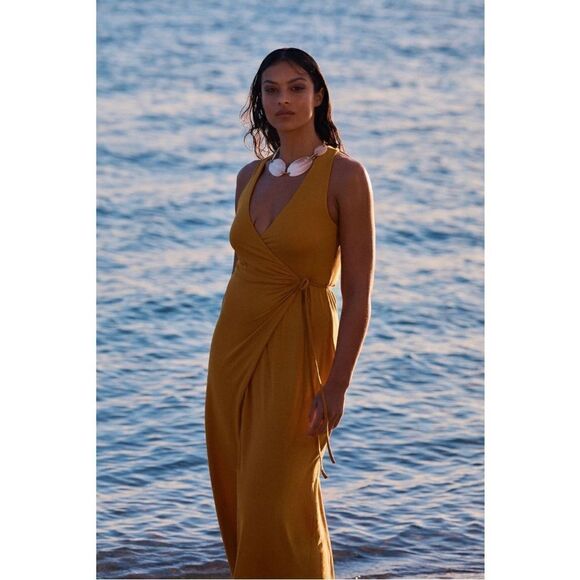 NEW By Anthropologie Soft Gold V-Neck Swim Beach Wrap Cover-Up Maxi Dress Medium - Picture 4 of 4